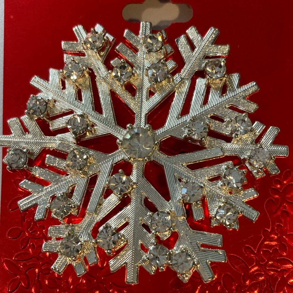 Large Snowflake Silver Crystal Pin Brooch 2”